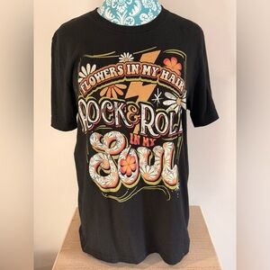 Black "Rock & Roll In My Soul" Graphic Tee with Floral Print